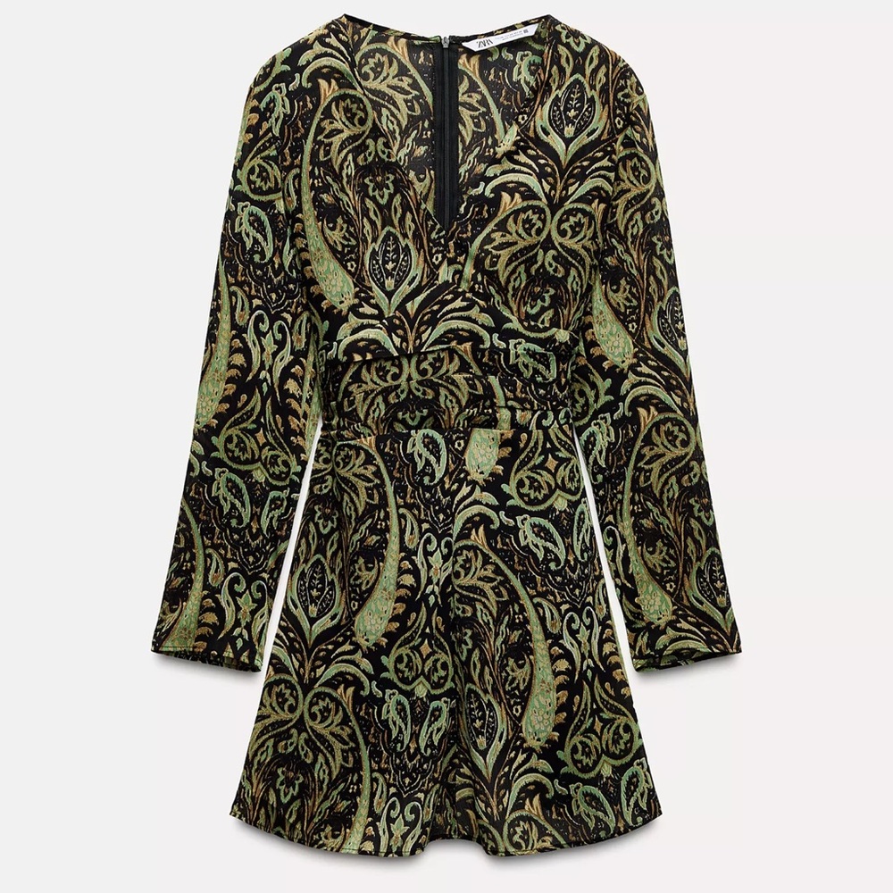 Zara Elegant Black and Green Long Sleeve Dress